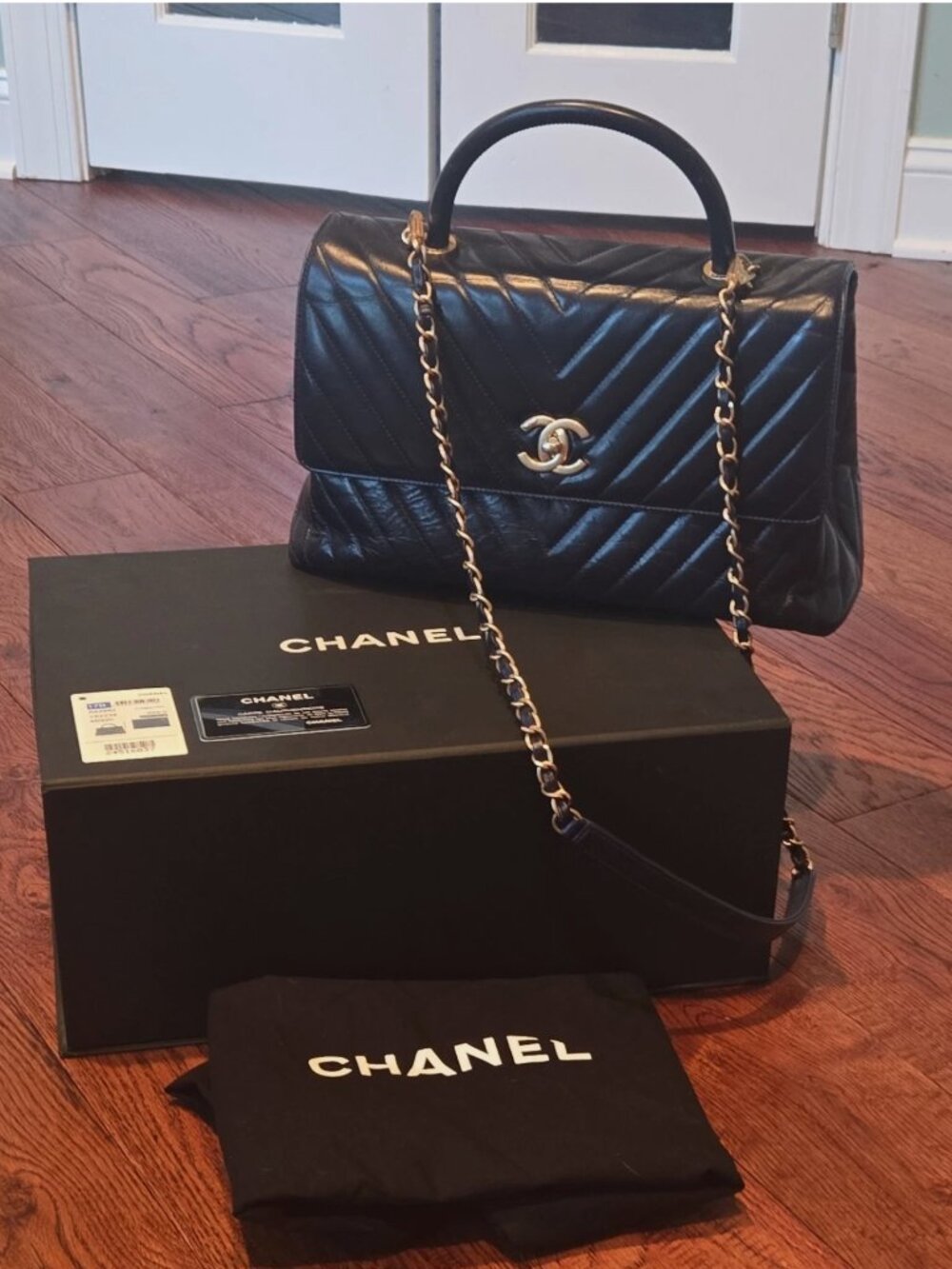 Chanel Medium Coco Handle Dark Navy Lambskin Gold Hardware w/ Box & Dust Bag